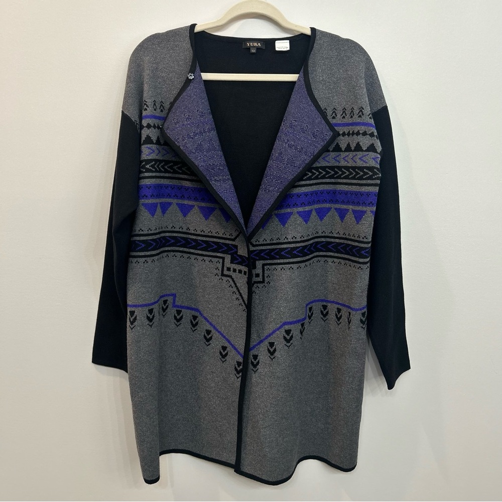 Yuka Woman’s Tribal Design Longer Length Cardigan Black Gray Periwinkle Size M